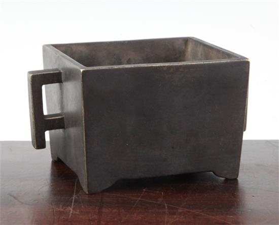 A Chinese bronze rectangular censer, Fang Ding, Xuande six character mark, 18cm across, 9cm